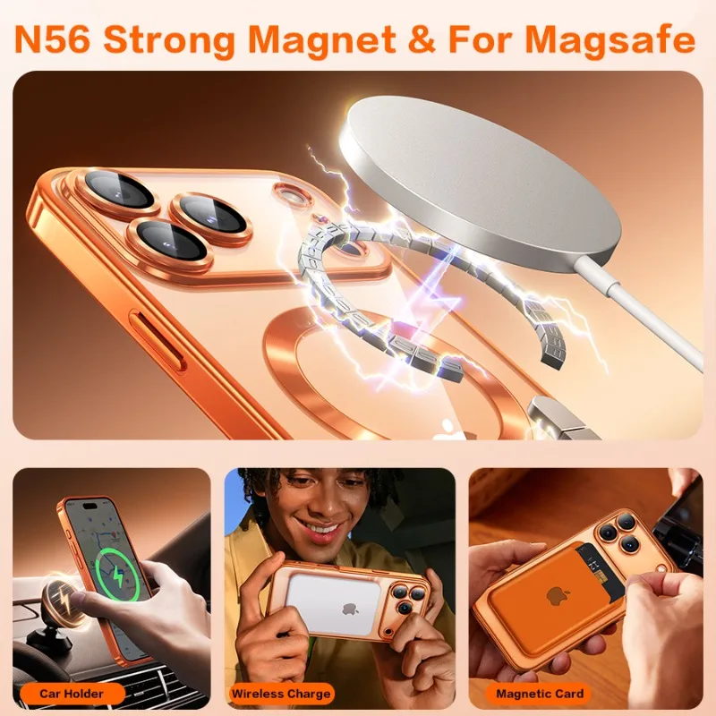 Fashion Orange Magnetic Clear Case For iPhone Air 17 16 15 14 13 12 11 Pro Max Plus Wireless Charge Plating Soft Business Cover - náhled 4