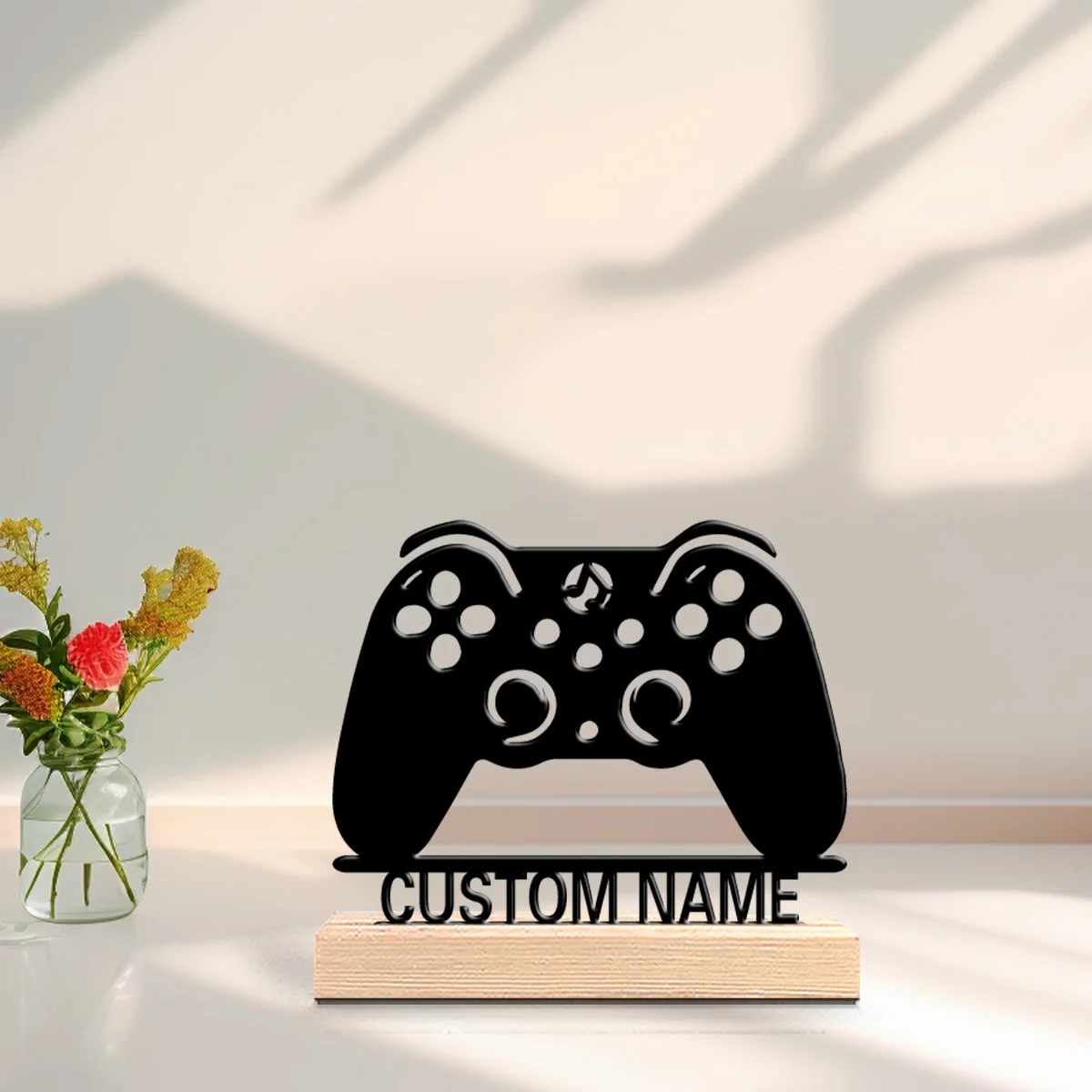 1pc Minimalist gamepad Personalized Name Metal Statue Iron Ornament Art Figurine With Wood Base Iron Sculpture Home Table