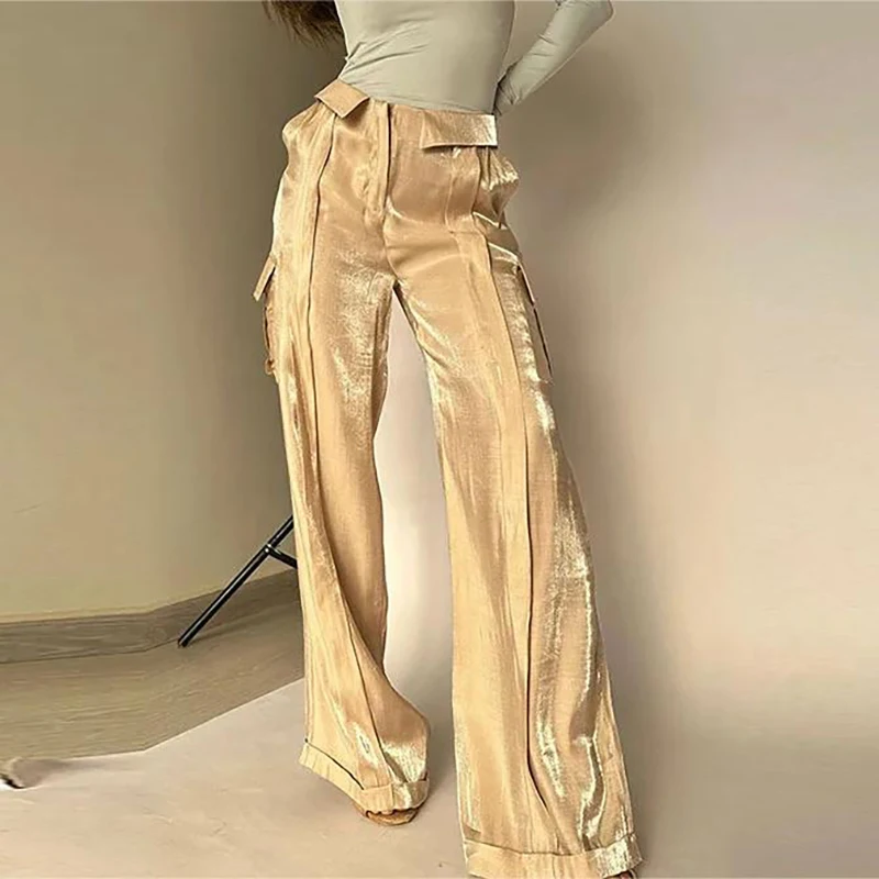 

High Waist Wide Leg Pants Woman 2024 Summer Sparkle Long Palazzo Pants Lounge Trousers With Pocket Work Pants Women Streetwear