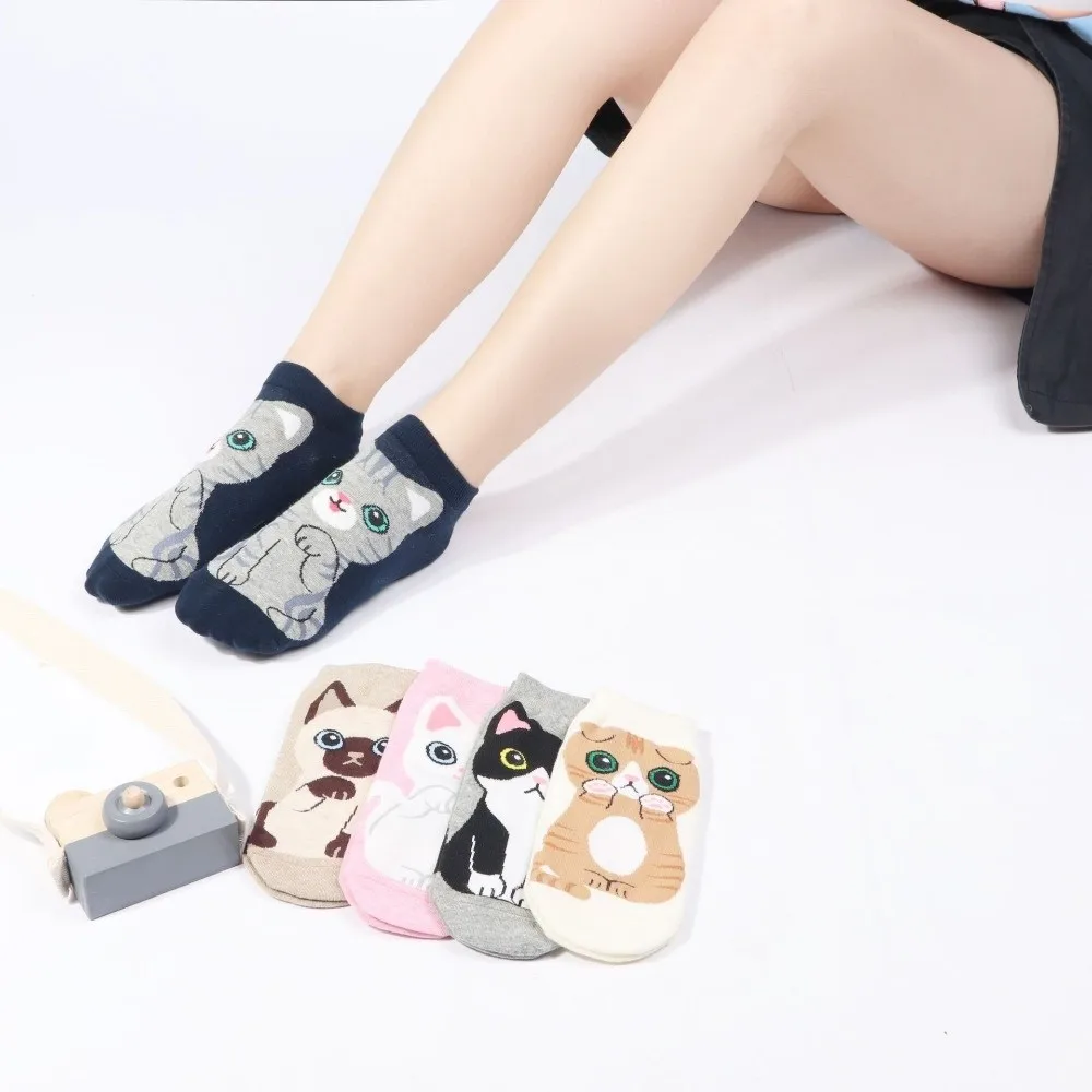 

1/5 Pairs/Set Cartoon Cat Women's Ankle Socks​​ Breathable Animal Print Boat Socks Soft & Comfortable​​ Casual Ankle Socks