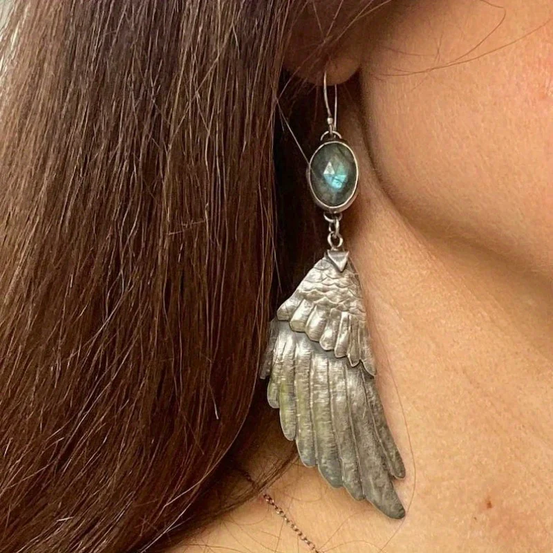 Hand Forged Silver Color Wing Earrings with Labradorite