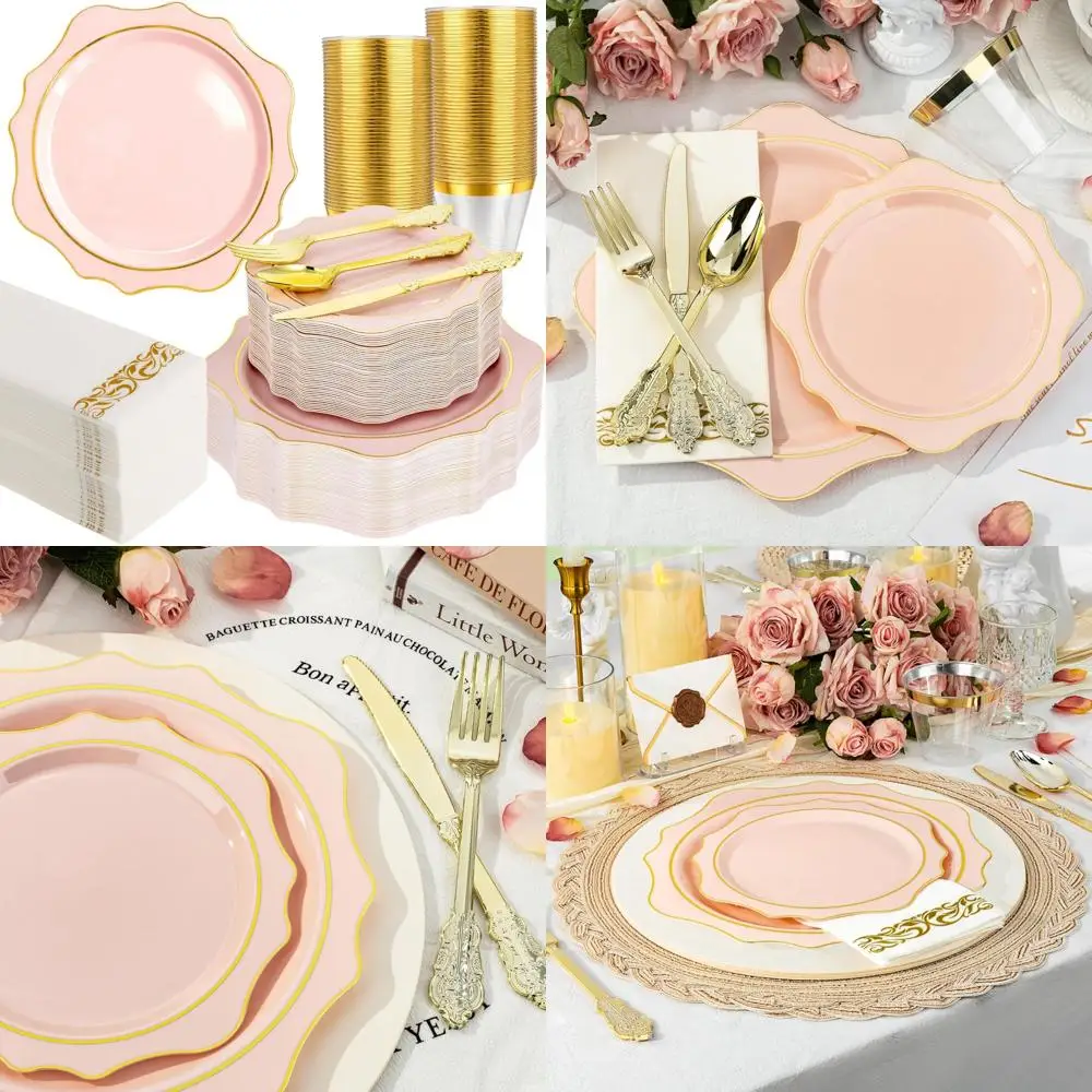 

Набор пластиковых тарелок розового и золотого цвета — 350 одноразовых тарелок, посуда для гостей 50, включает 100 тарелок, 50 чашек, посуда на 150 градусов.
