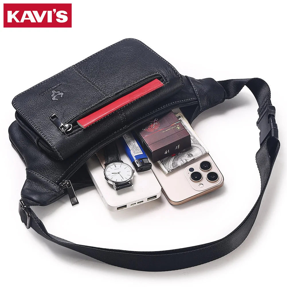 

KAVIS Мужская поясная сумка из натуральной кожи с несколькими карманами, поясная сумка для телефона, поясная сумка с регулируемым ремешком для занятий спортом на открытом воздухе, путешествий