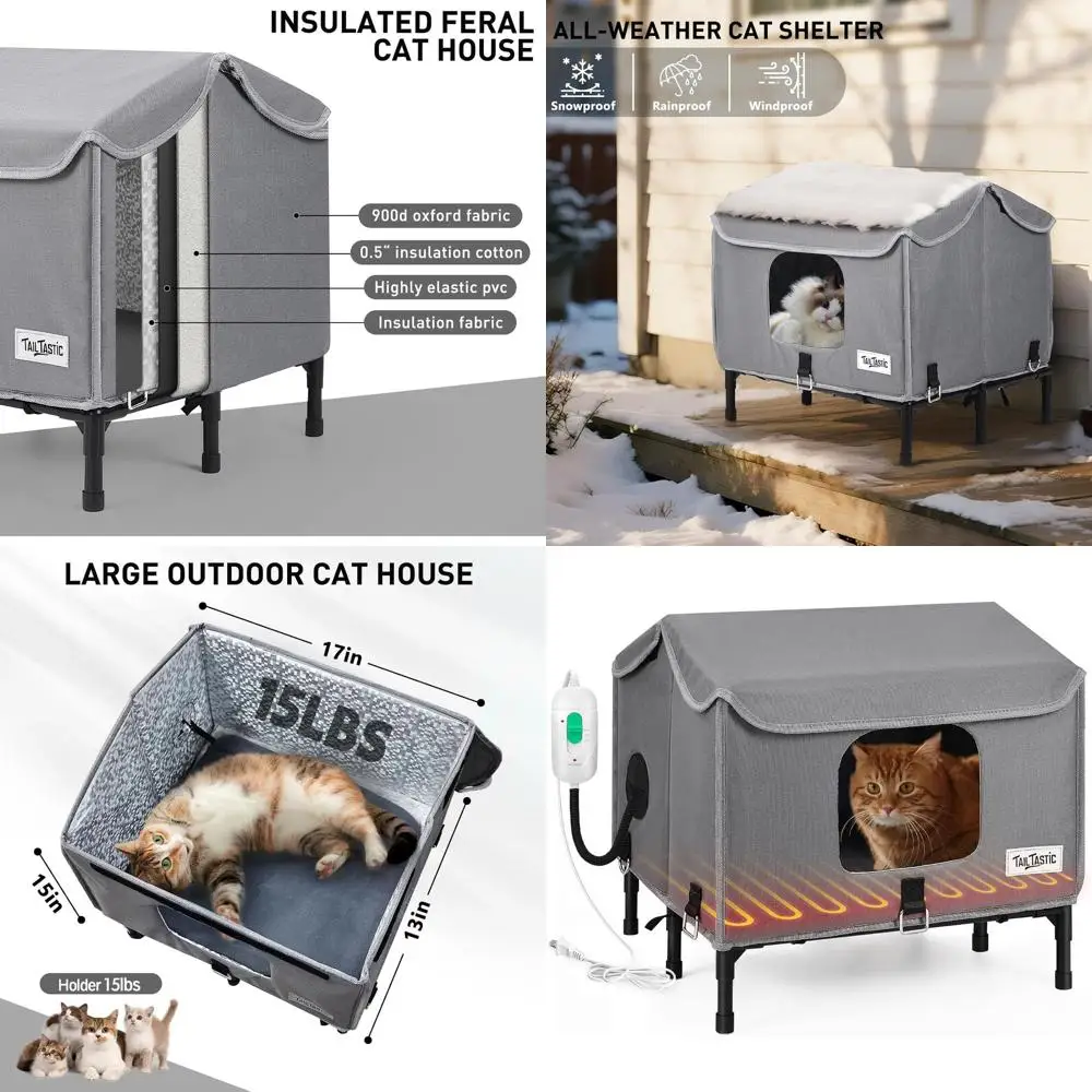 

Всепогодный утепленный уличный домик для кошек на подставке, простая сборка, 17x15x13 дюймов, серый