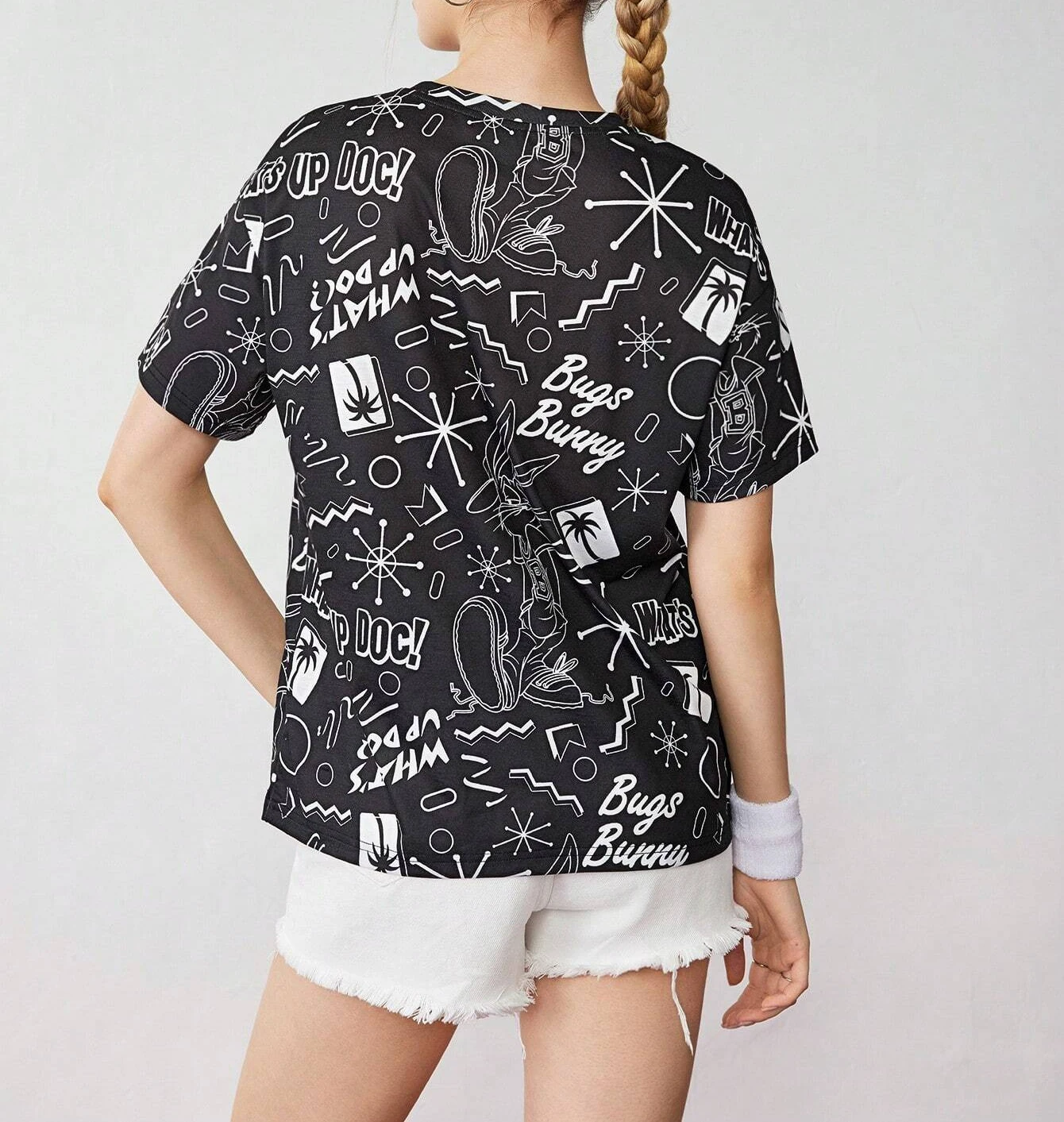 LOONEY TUNES Women's Casual Trendy Cool Cute Letter Cartoon Print Black Short Sleeve Men's T-Shirt Summer