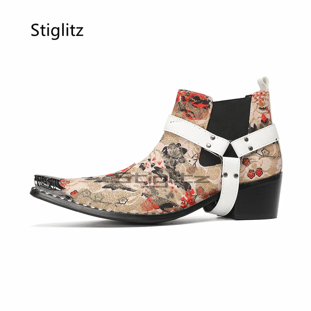 Men's Prints High Heels Chelsea Boots Metal Pointed Toe Genuine Leather Slip On Ankle Boots Stretch Buckle Circle Male Shoes