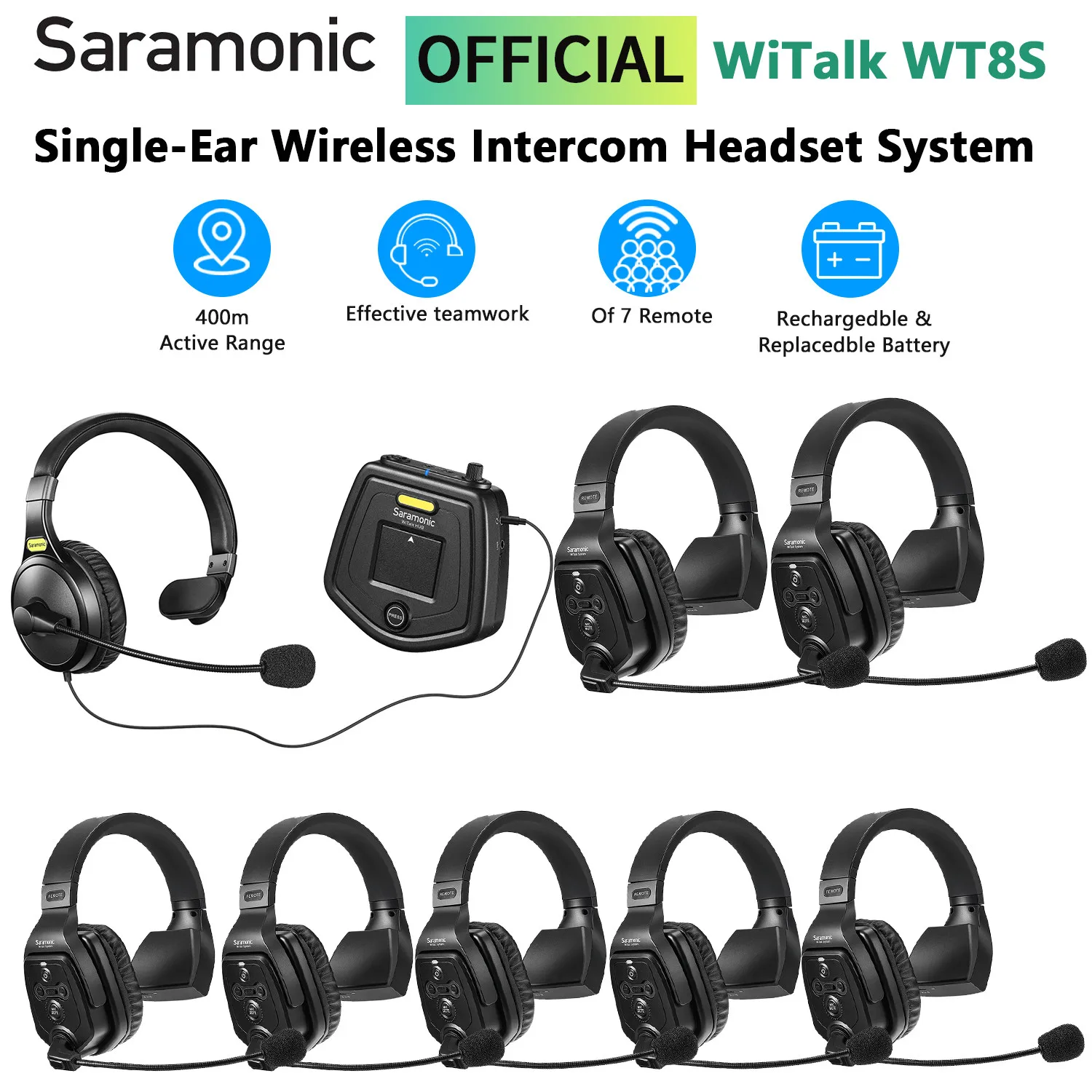 Saramonic Witalk WT8S 전이중 무선 인터콤 통신 헤드셋 시스템, 드론 촬영, TV 영화 제작 팀워크 