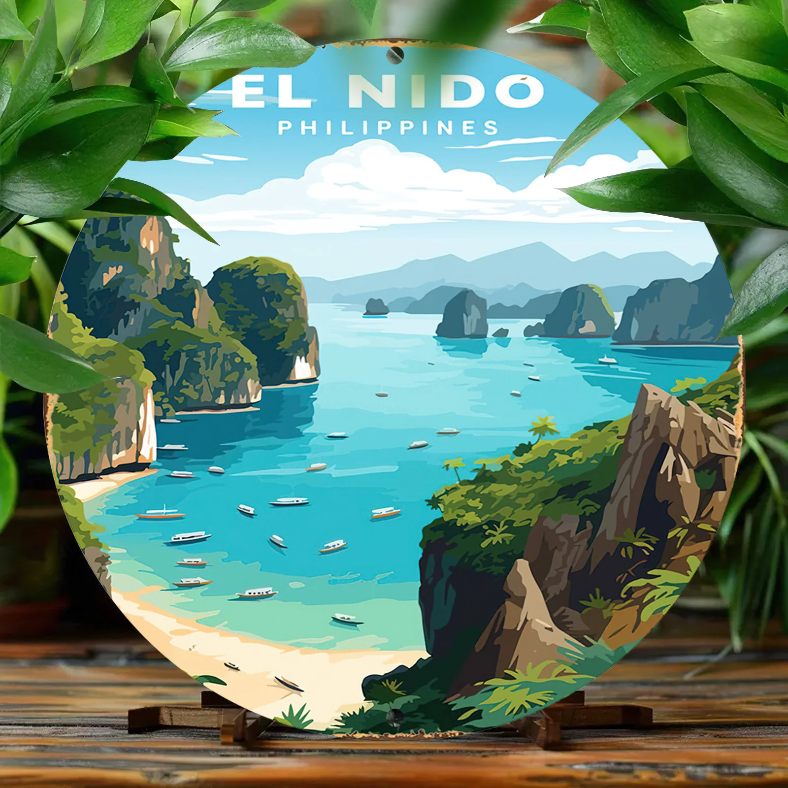 Vintage El Nido Philippines 2D Printed Aluminum Metal Sign - 8x8 Inch Round Wreath Wall Art, Scratch & UV Resistant, Anti-Graffi