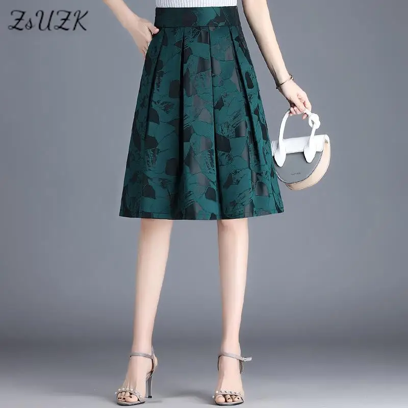 

ZUZK Women Jacquard Pleated Skirt New High Wasit Knee-Lenght A-Line Skirt Fashion Office Lady Wear Skirt Jupe