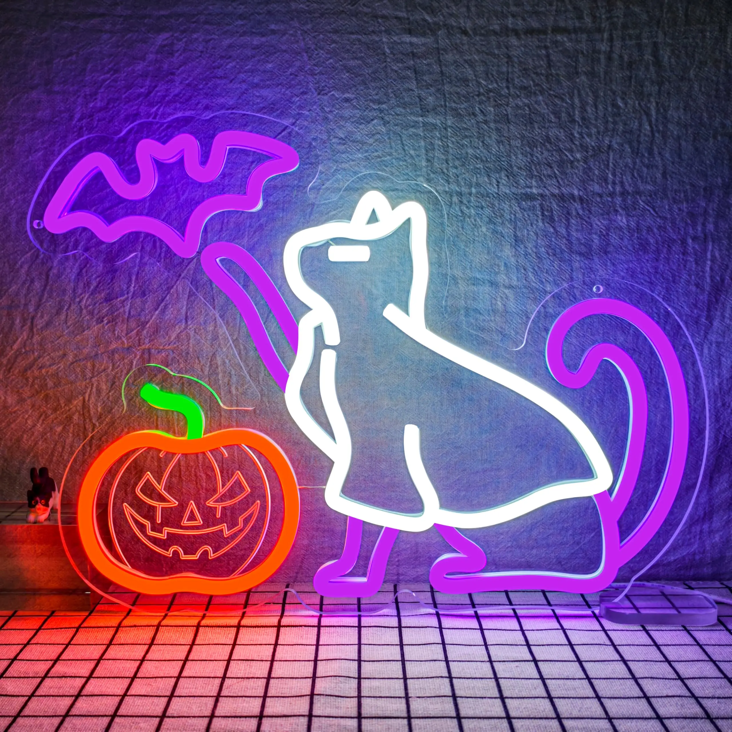 Halloween Pumpkin Ghost Cat Neon Sign Carving Dimmable Light Up Sign Wall Decor for Happy Halloween Party Bedroom Men Cave Home