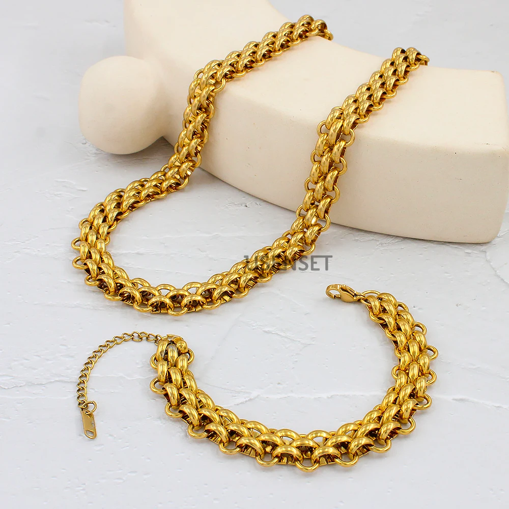 Edging Wave Stainless Steel Jewelry Sets Necklace New Design Punk Rock Woman Gold Plated Bangle Bracelet