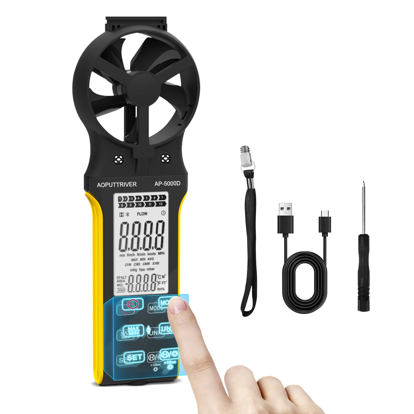 Digital Anemometer Handheld Wind Meter, Rechargeable Air Flow Tester with CFM, Tripod Hole, 5 Units, MAX/MIN for HVAC, Duct