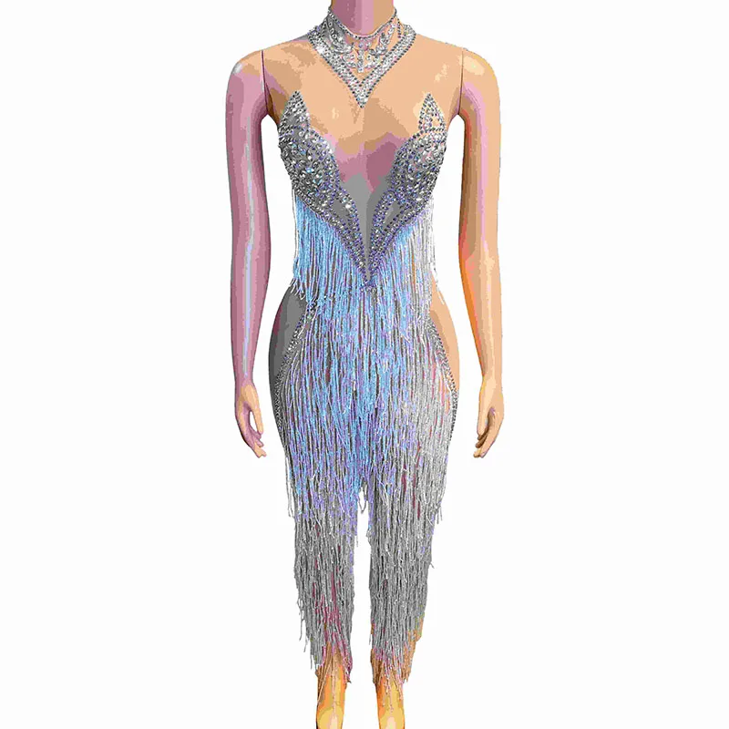 

2024 Sexy Perspective Mesh Fringe Jumpsuit Nightclub Bar Dj Performance Costumes Women Gogo Dancers Outfits Party Dress DN19106