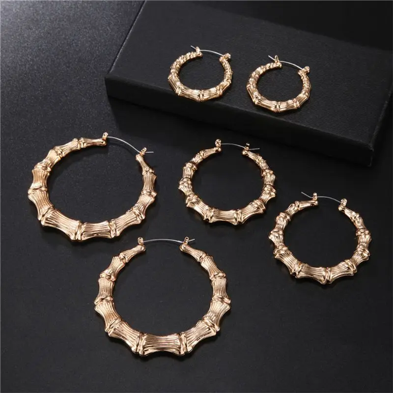 Punk Earrings Sliver Gold Color Big Bamboo Circle Hoop Earrings Large Celebrity Earrings Hoops Jewelry Charms for Women