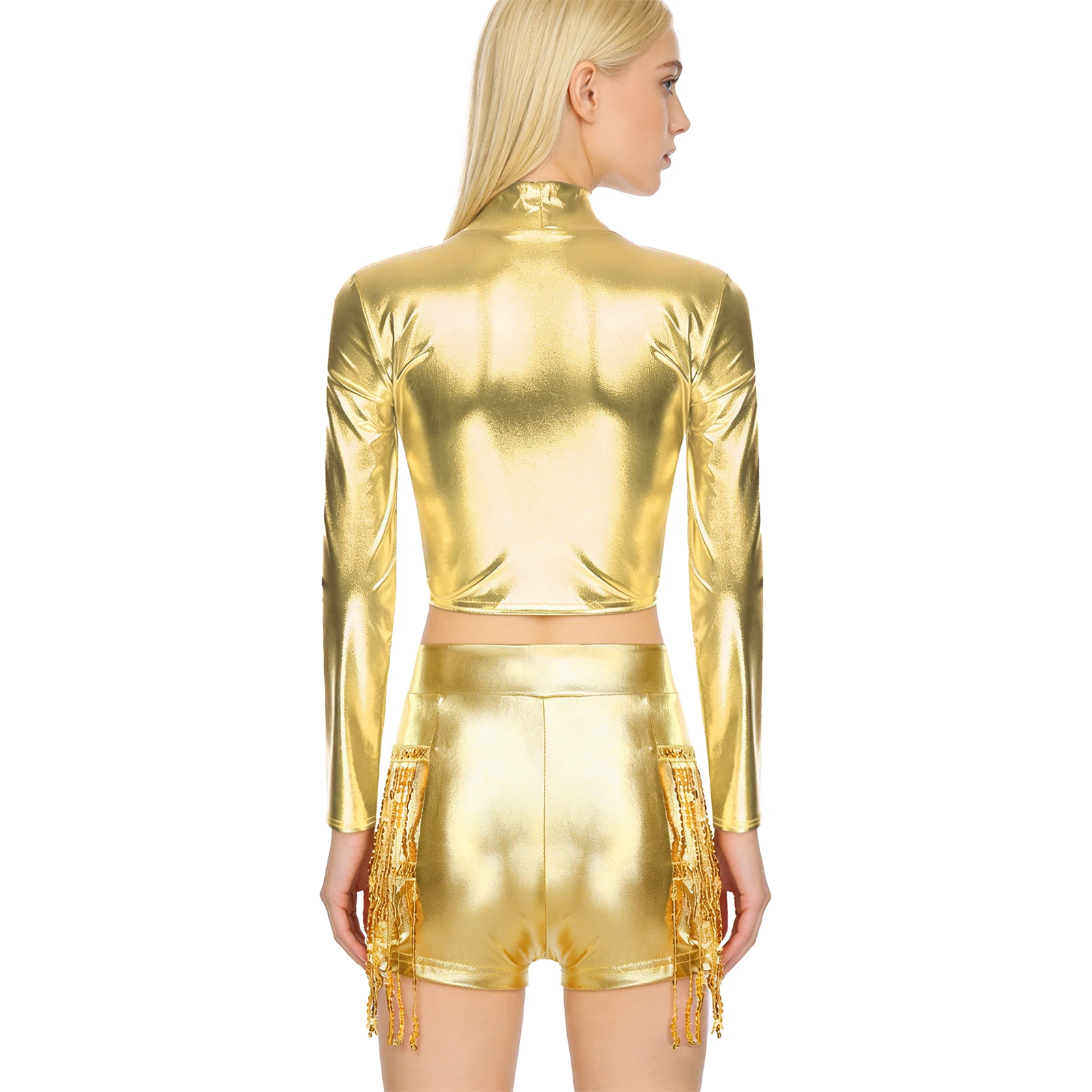 Metallisch glänzende lateinamerikanische Jazz-Tanz-Outfits für Damen, Performance-Kostüm, langärmliges Crop-Top und gestufte Pailletten-Quastenshorts