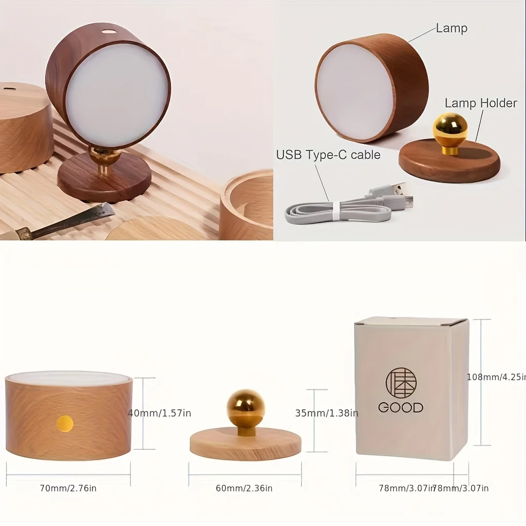 Minimalist wooden bedside lamp, no drilling wall lamp, bedroom LED ambient dimming, USB charging, touch sensitive dimming