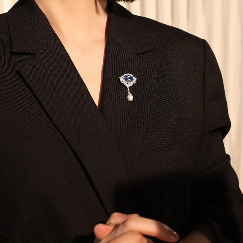 Copper Electroplated Gold Blue Spinel Vintage CorsageS925Pure Silver Gold-Plated Teardrop-Shaped Natural Versatile High-End Broo