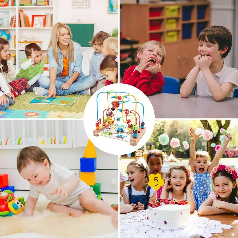 Bead Maze Toy Cute Cartoon Wooden Montessori Maze Circles Around Beads Abacus Math Toys Shape Color Cognition Kids Wooden Toys