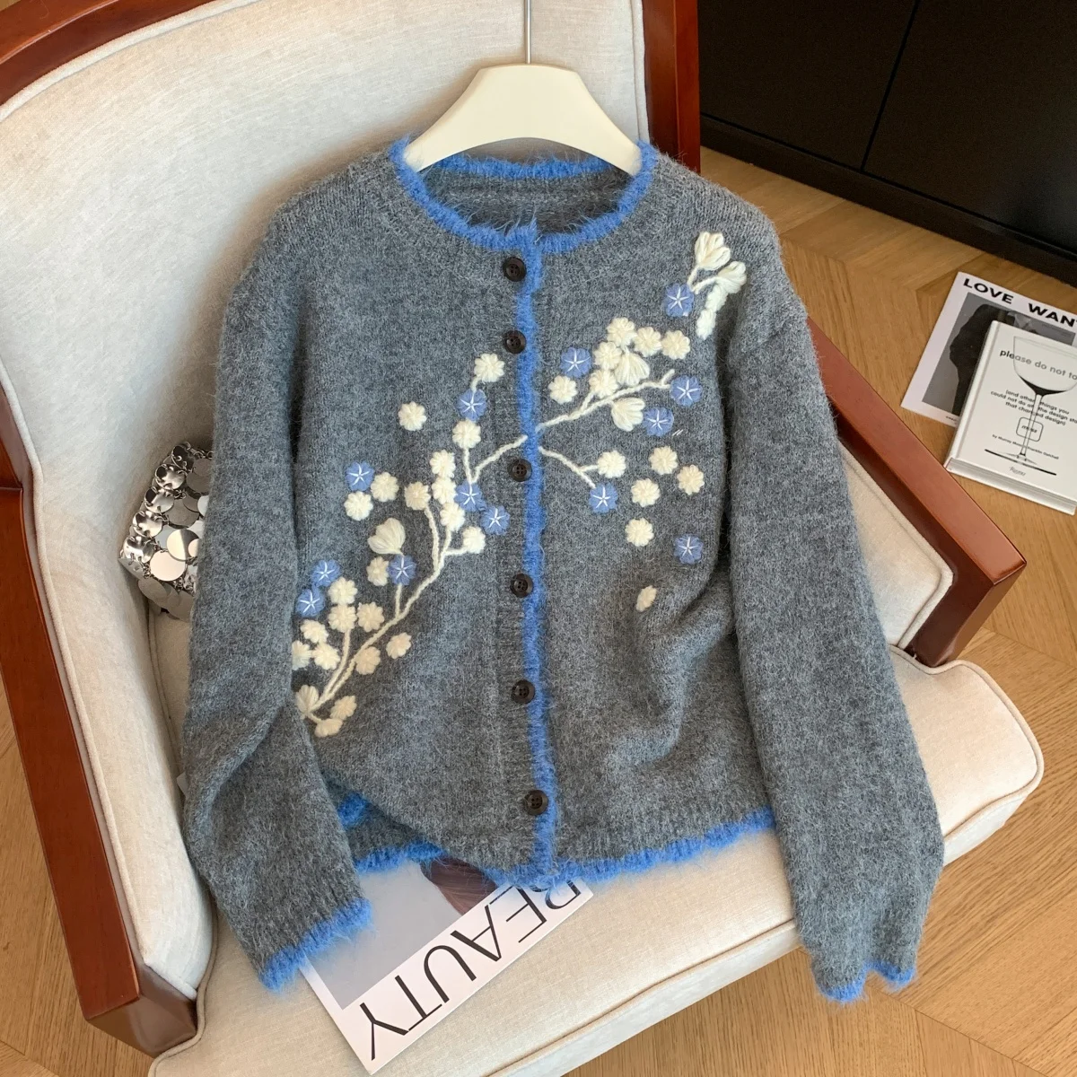 المرأة البحرية التطريز سترة سترة خمر البلوز متماسكة ملابس خارجية طويلة الأكمام سترة الكشمير المعنقة الخريف الشتاء 2000s الملابس