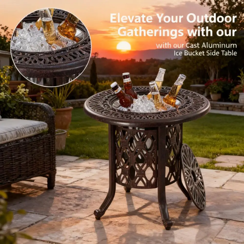 

Оснащен съемным боковым столиком с ведерком для льда, устойчивым к ржавчине литым алюминием + нержавеющей сталью 304, подходит как для внутреннего и наружного применения.