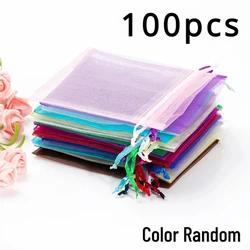 100PCS Multicolored Mesh Gift Bags with Drawstring Transparent Organza Bags Wedding Parties Valentine's Day Gift Storage Tools
