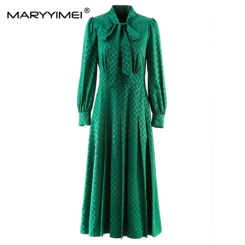 

MARYYIMEI New Fashion Autumn Elegant Green dress Long Sleeved Jacquard Button Bow Holiday Party Slim Solid Dresses