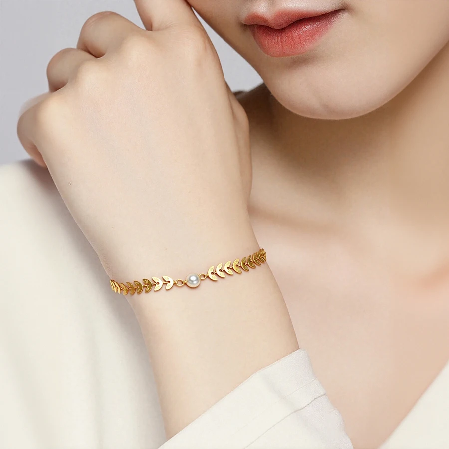 Freeteeme Fashion Various Wheat Ear Imitation Pearl Bracelet for Women Girls Stainless Steel Gold Color Hand Chain Jewelry Gift
