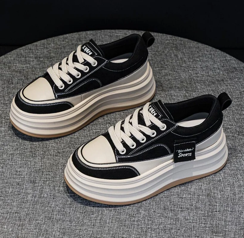 

7cm Genuine Leather Women's Fashion Sneakers Platform Wedge Hidden Heel Summer Shoes Mixed Color Vulcanized Ladies Footwear