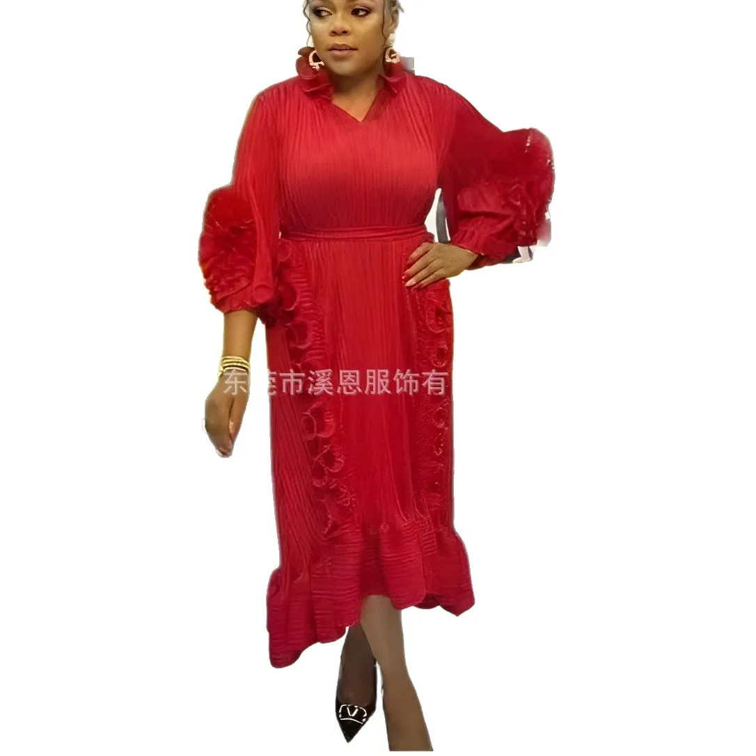 Miyake vestido plissado plissev-neck cor sólida dobra flor cintura plissado vestido longo babados vestidos femininos plissados plus size