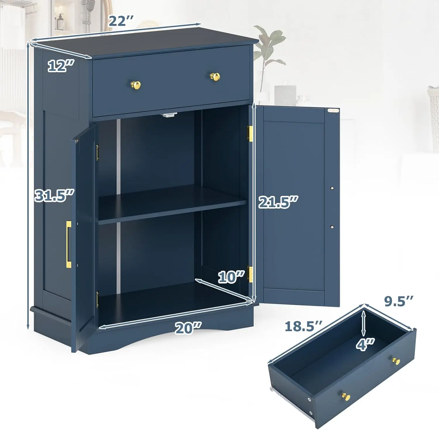 خزانة تخزين حمام حديثة قائمة بذاتها مع درج كبير قابل للسحب، بابين، رف قابل للتعديل لغرفة المعيشة باللون الأزرق الداكن #3