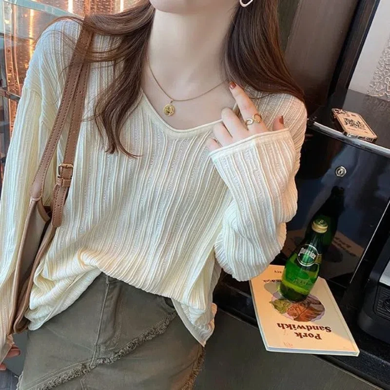 V Neck Loose All-match Youth Tops Tees Spring Autumn New Long Sleeve Solid Color Fashion T Shirts Casual Korean Women Clothing