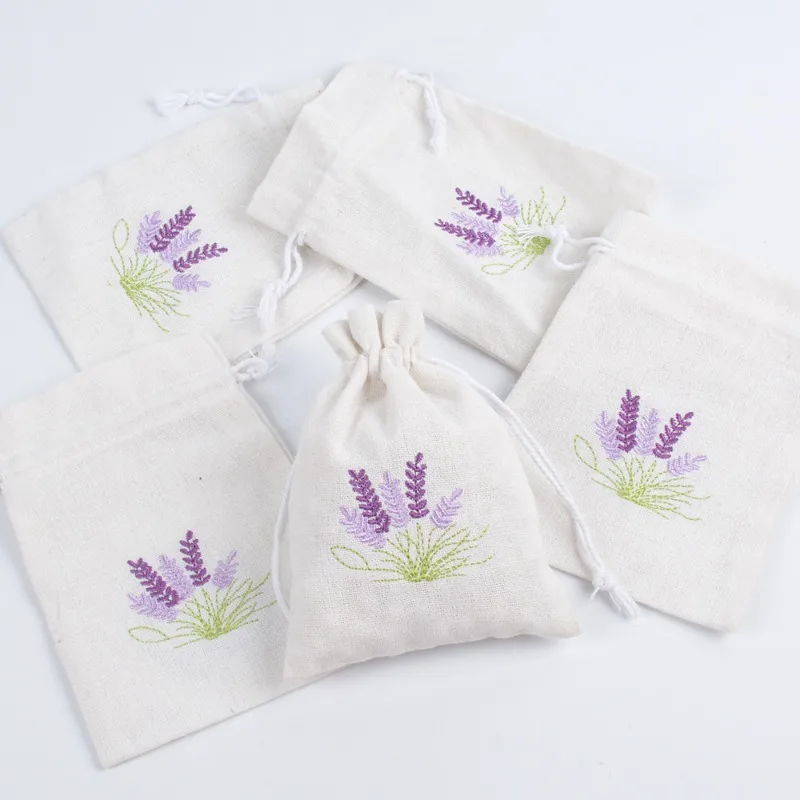 10 Stück/Set 10x14cm 13x18cm Bestickte Bedruckte Lavendel-Imitat-Hanftasche Hochzeit Weihnachten Party Geschenkverpackung Aufbewahrungstasche