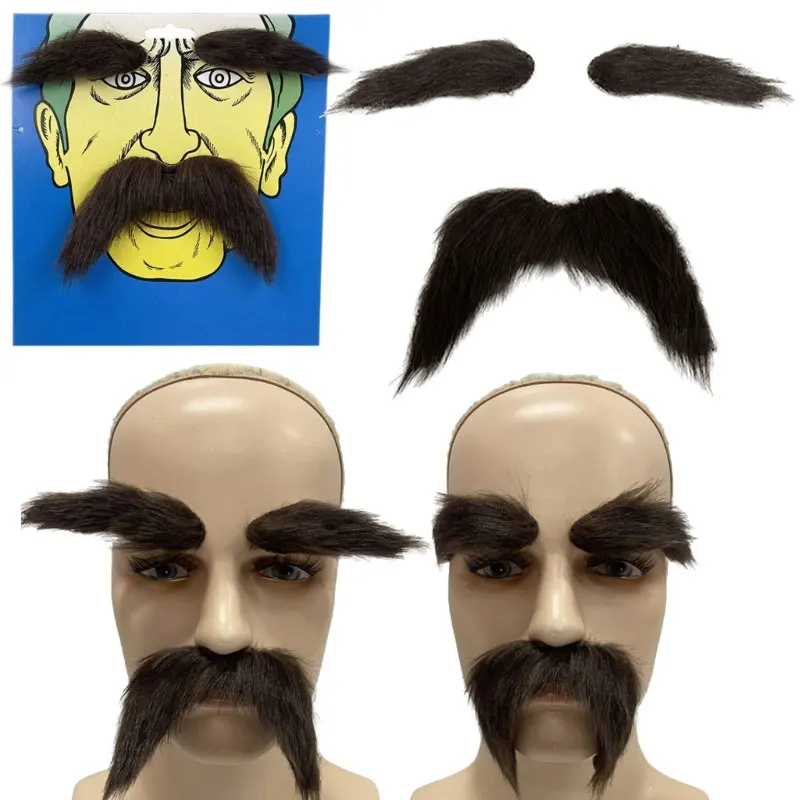 3Pcs Adults Kids Self Adhesive Fake Beards Mustaches and Eyebrows Sets Halloween Party Cosplay Costume Accessories for Women Men