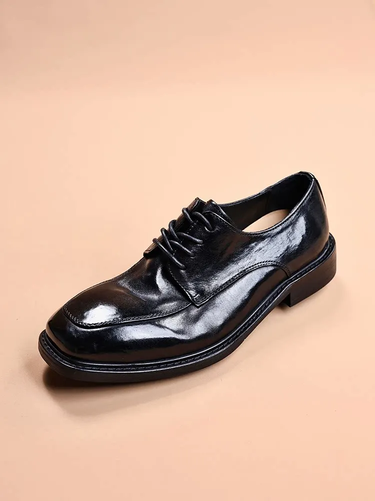 Handcrafted Horsehide Men Formal Derby Shoes Classic Square Toe Lace-up Design Durable Sole Versatile Office Party Footwear