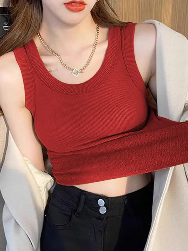 Red Fleece Lined Integrated Vest Women's Winter Thickened Warm Underwear Top U-Neckline Slim Fit Citywalk Style Single Piece