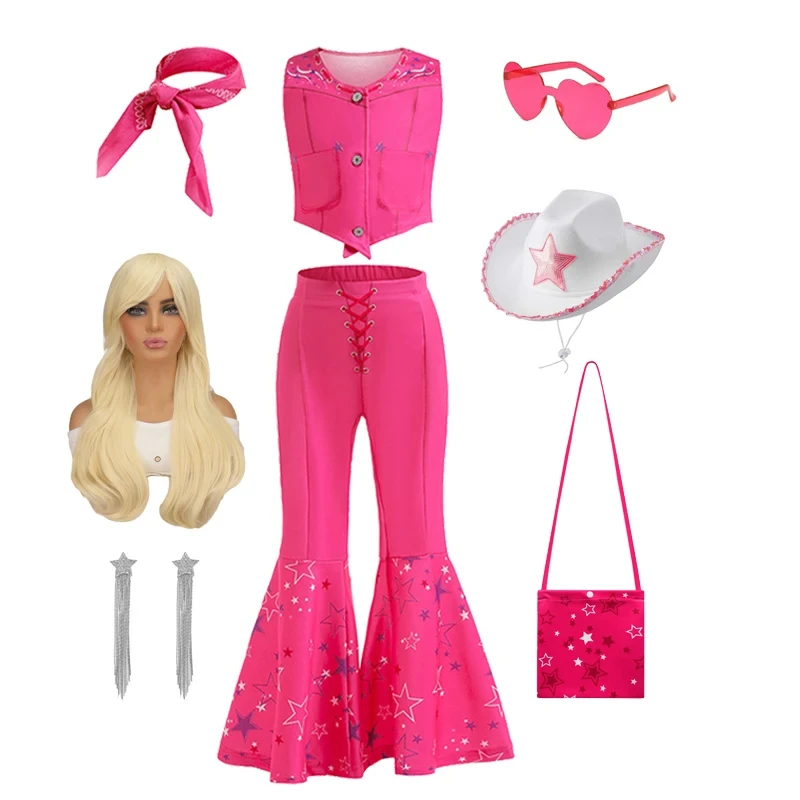 Margot Robbie Barbe Movie Barbi Costume for Toddler Girls Pink Top and Flared Trousers Suit Kids Halloween Birthday Party Clothe