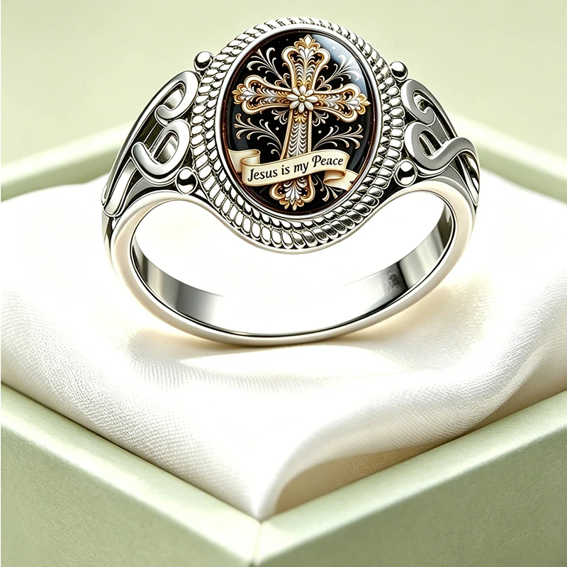 Inspirierender ovaler Ring aus Glas mit Kreuz, versilbert, Vintage-Stil, religiöser Glaubensschmuck, elegantes Geschenk, Accessoires für Männer, Größe 7–9