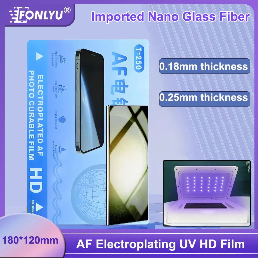 

FONLYU AF Electroplati Thick HD Anti-scratch UV Fiber Glass Curing Film For Mobile Phone Curved Screen Protector Cutting Machine