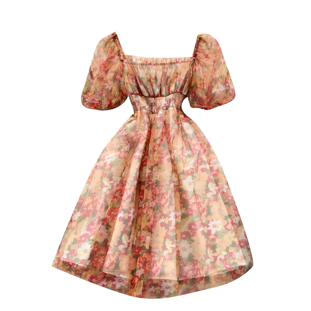 달콤한 플로럴 하이웨이스트 튤 시폰 미니 드레스 첫사랑 여름 신상 페어리 스커트 숏 여성 우아한 여성 드레스