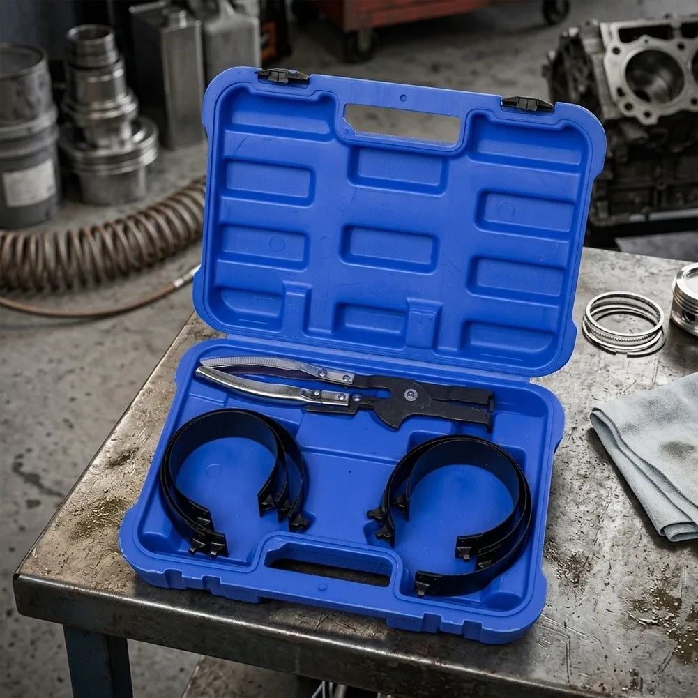 Engine Tool Set Including Piston Ring Compressor Plier Two Compression Bands and Impact-Resistant Carrying Case
