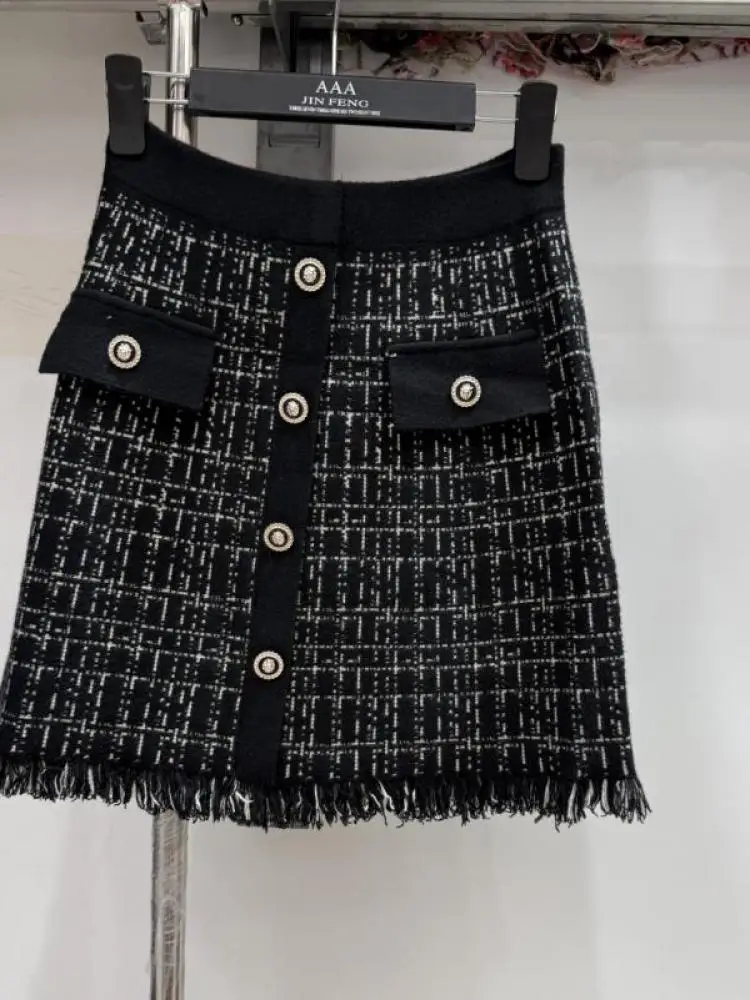 

Korean Version Women Plaid Patchwork Tassel High Waist Mini Skirt Autumn Winter Fashion Versatile Knitted Short Skirt Streetwear