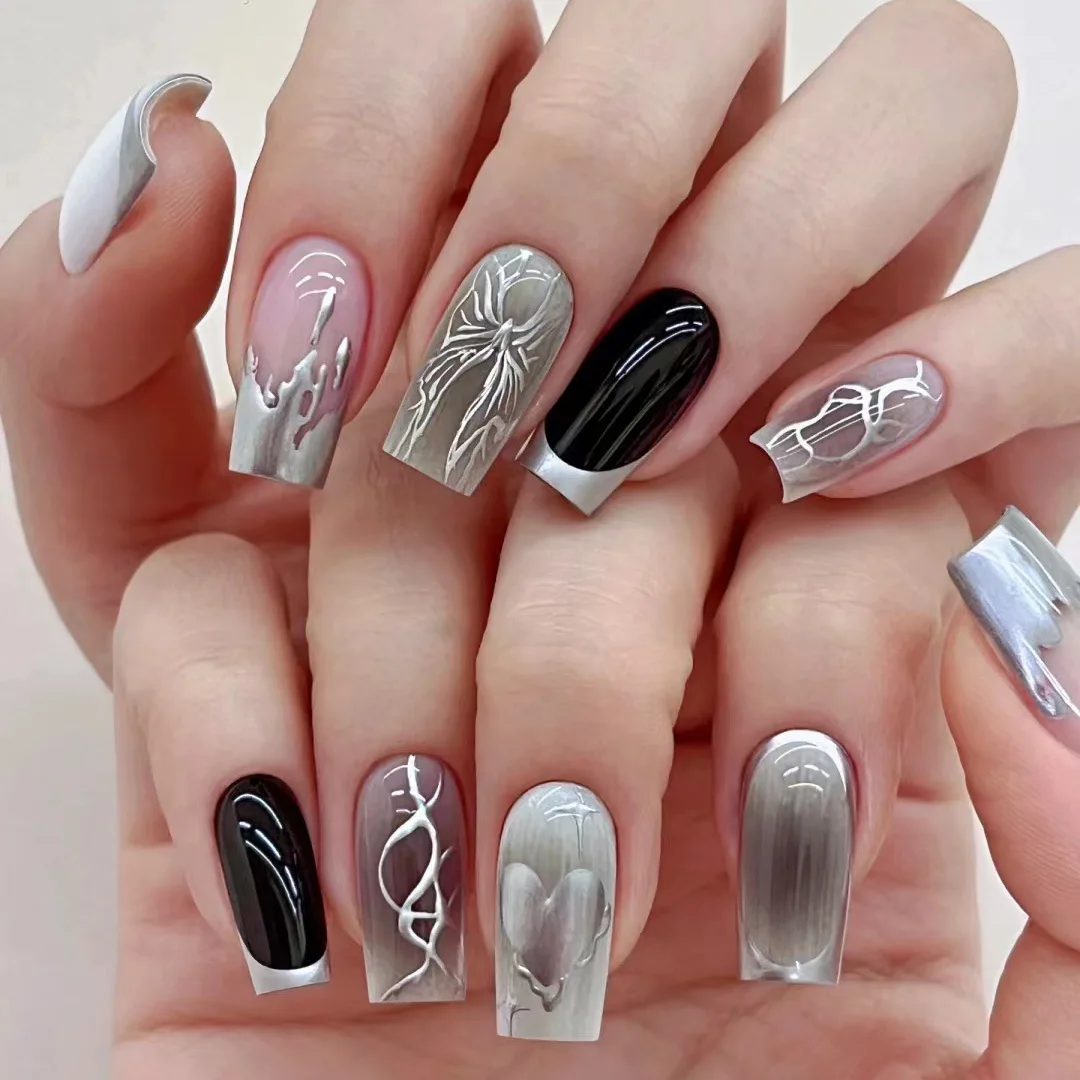 

24Pcs Mid-length Square French False Nails Silver Irregular Line Press on Fake Nails Butterfly Love Heart Reusable Manicure Tips