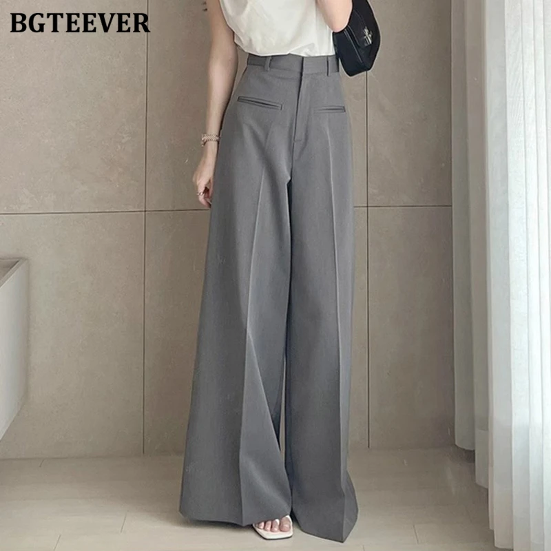 BGTEEVER Autumn Loose Pockets Wide Leg Trousers for Women High Waist Casual Grey Suit Pants Female