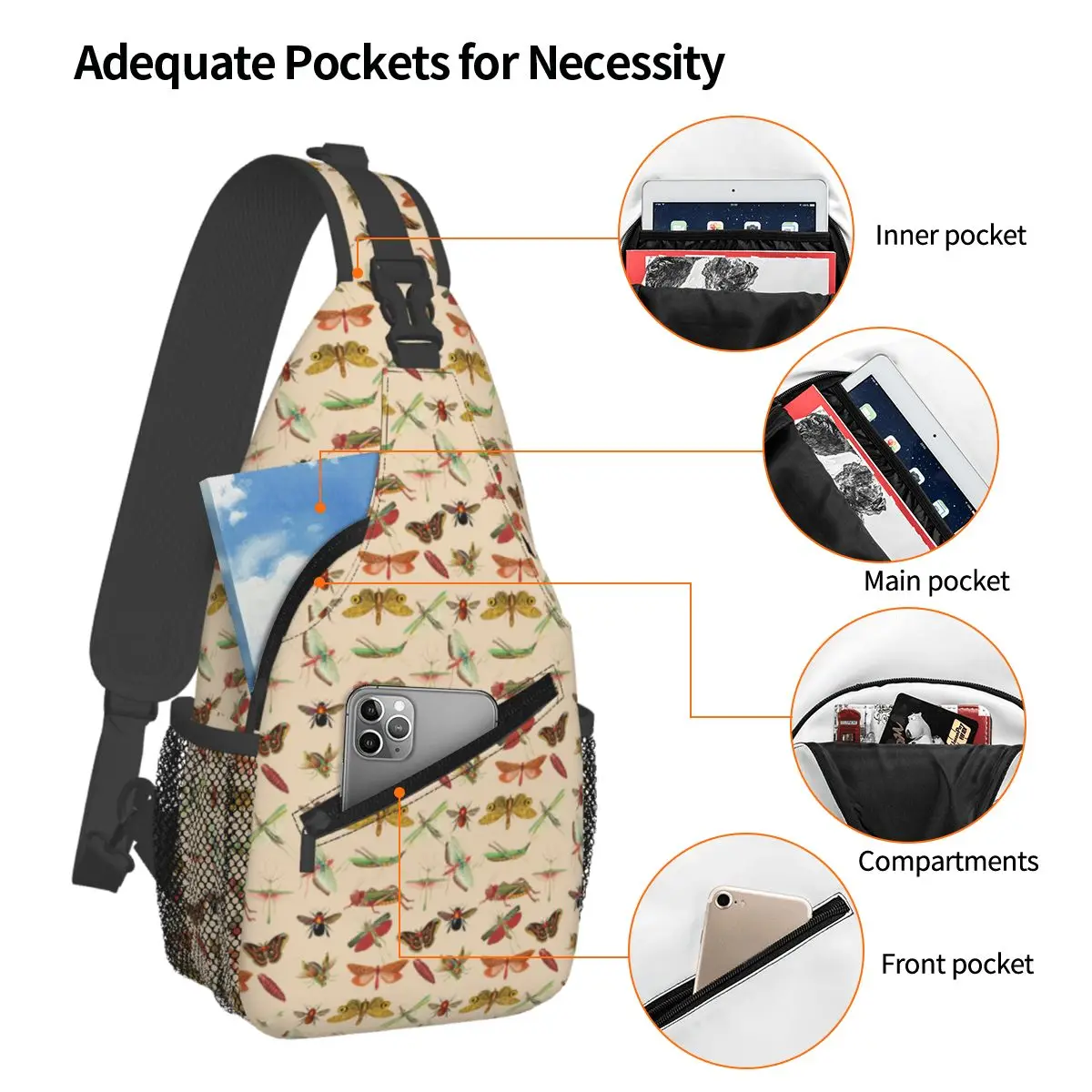 Vintage Bugs And Insects Illustration Chest Bag Men Sling Crossbody Backpack Chest Bag Traveling Hiking Daypack Shoulder Bag