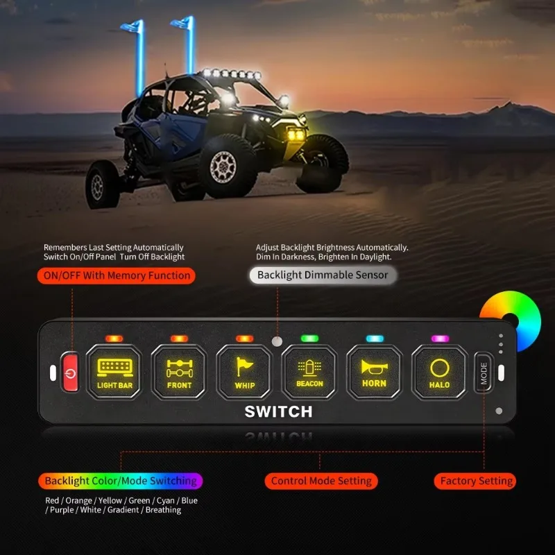 Off-Road Truck Lighting Flash Features 12v 24v Automotive AUX ACC Off-Road Wireless 6-Position Switch Panel RGB 12V