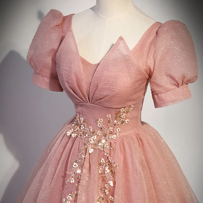 Evening Dress Short Sleeves Pleat Tulle A-Line Floor-Length Lace Up Pink Square Collar Sequins Party Formal Dresses Woman B2762