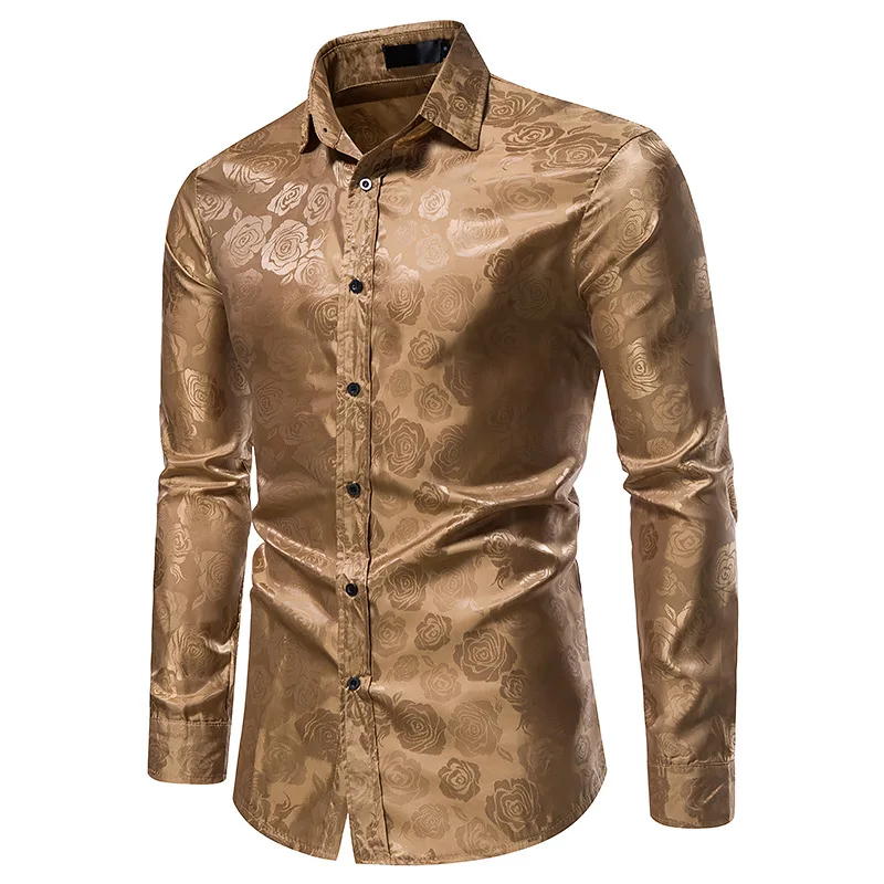 Men\'s Long Sleeve Shirt  Rose Print Casual Button Shirt Slim Fit Formal Shirt Noble Luxury Bronze Shirt Palace Style Shirt