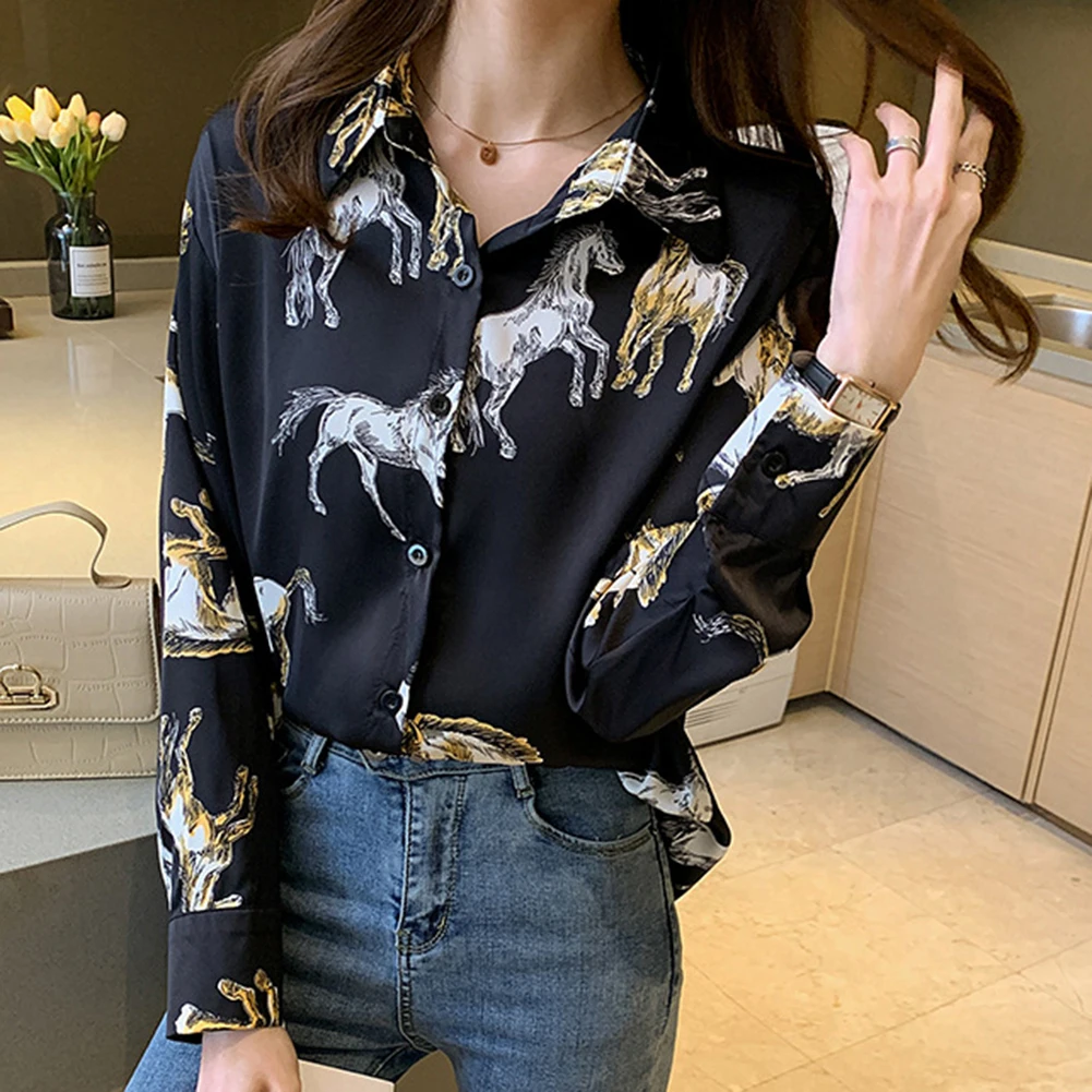 Women Spring Shirt Horse Print Lapel Single breasted Long Sleeves LAge Reducing Fashionable and Vintage Off White