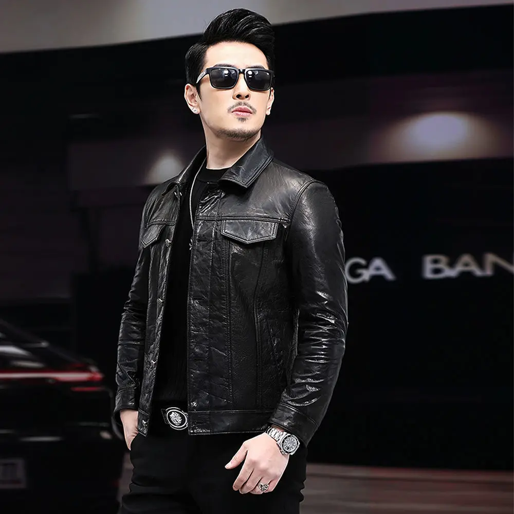 

2022 Men's Spring Autumn New Lapel Genuine Leather Jackets Male Slim Fit Real Cowhide Coats Men Short Casual Overcoats N89