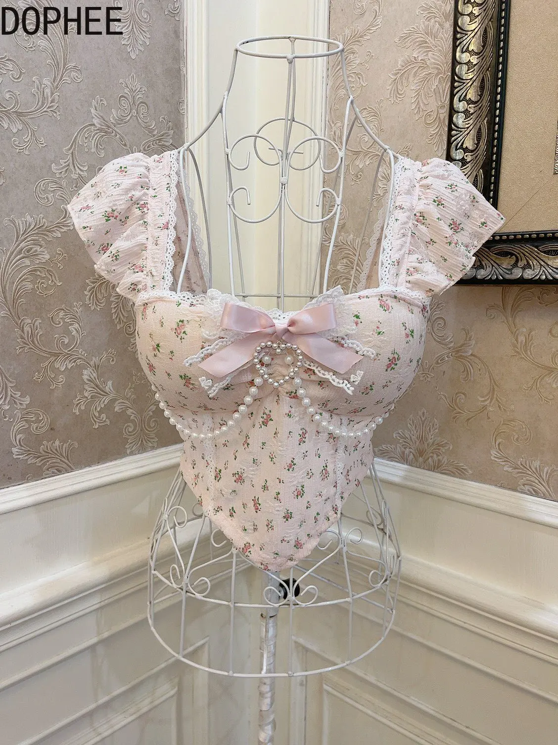 

Винтажные женские майки с цветочным принтом, топ с цепочкой и бисером, укороченный топ с бантом и высокой талией, элегантные кружевные майки в стиле Лолиты с квадратным воротником